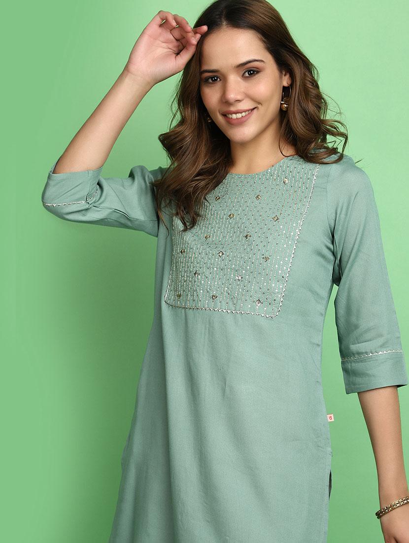 women green round neck straight kurta - 20590203 - Zoom Image - 4