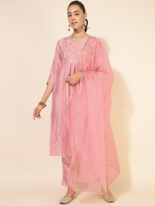 women pink v neck kurta pant set with dupatta - 20594300 - Very Small Image - 1