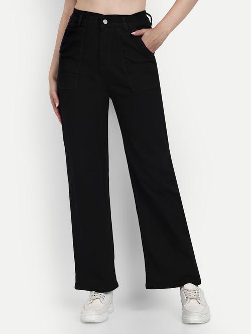 women high-rise black solid cargo jeans - 20594369 - Very Small Image - 1
