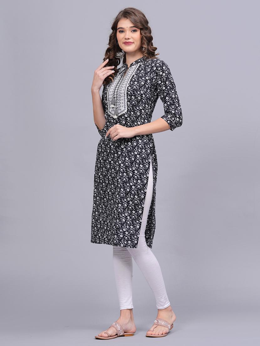 black floral print cotton straight kurta - 20594553 - Standard Image - 2