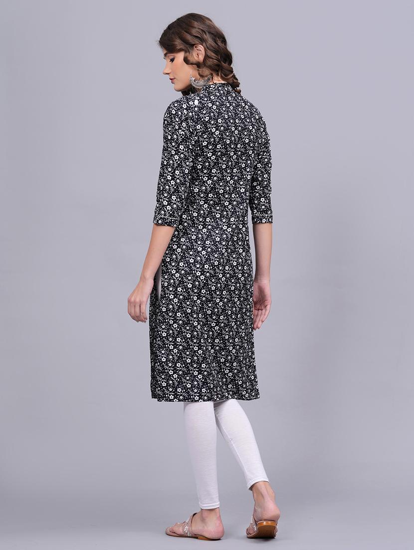 black floral print cotton straight kurta - 20594553 - Zoom Image - 4