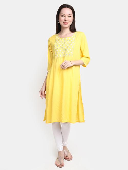 yellow embroidered rayon straight kurta - 20594662 - Very Small Image - 1