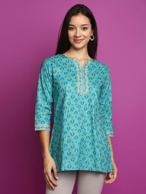 blue block print cotton short kurti - 20594674 - Very Small Image - 1