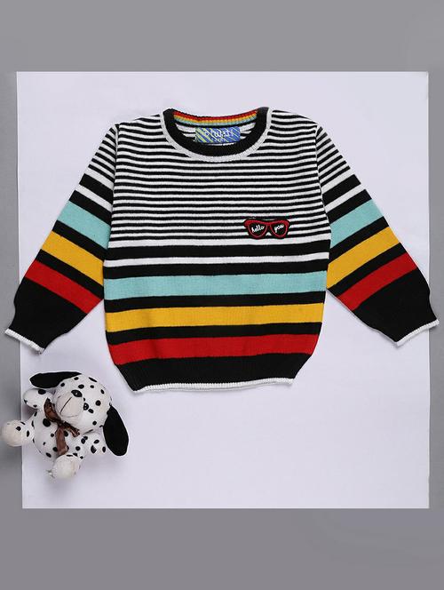 boys black striped printed round neck sweater - 20595743 - Very Small Image - 1