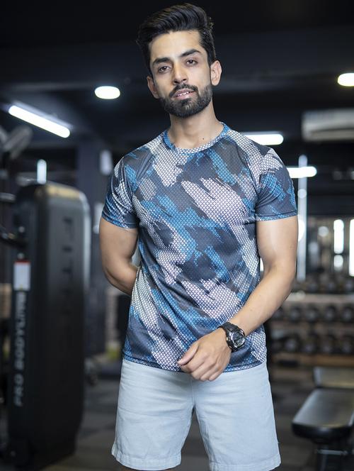 blue printed lycra t-shirt - 20597392 - Very Small Image - 1