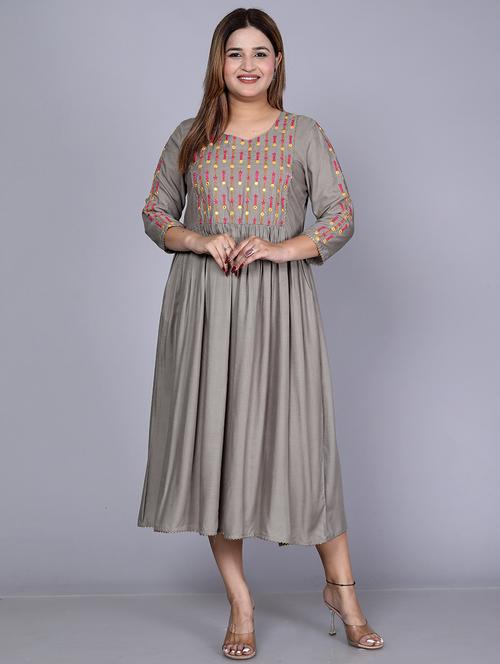 women grey embroidered detailed ethnic dress - 20598288 - Very Small Image - 1