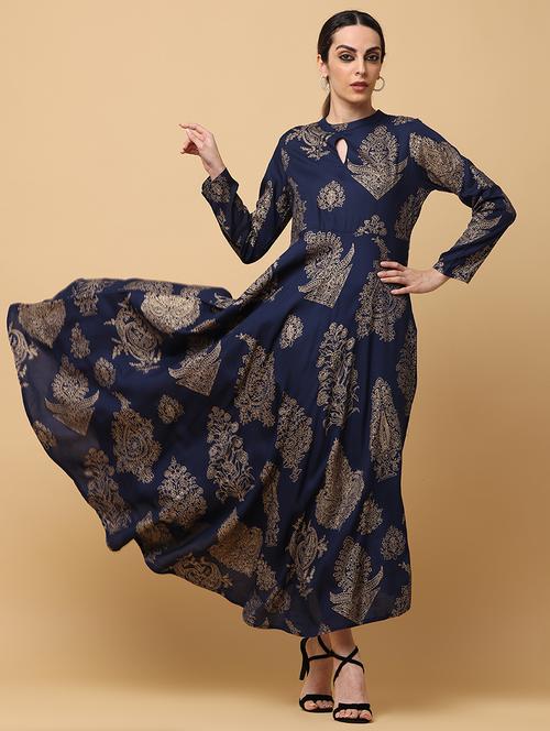 women blue gold printed ethnic dress - 20598887 - Very Small Image - 1