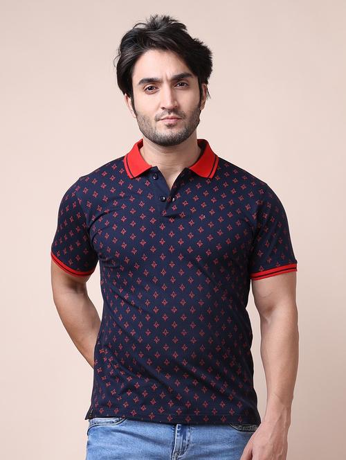 men navy blue printed polo neck t-shirt - 20601573 - Very Small Image - 1