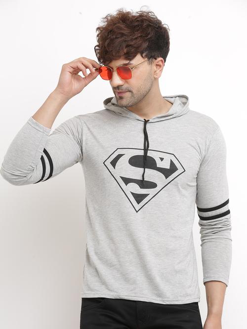 men grey front print sleeves detailed hooded t-shirt - 20602386 - Very Small Image - 1