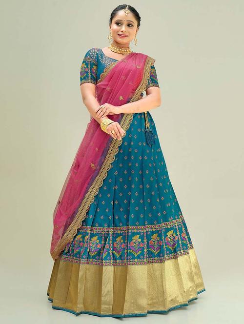 teal self design semi stitched lehenga  - 20603102 - Very Small Image - 1