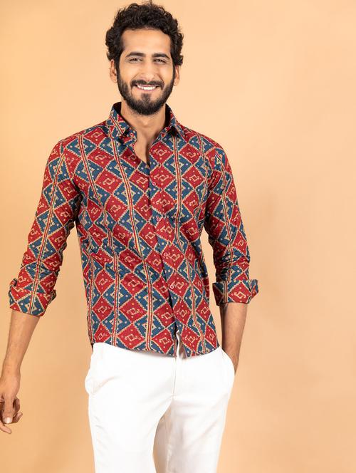 red cotton blend casual shirt - 20607169 - Very Small Image - 1