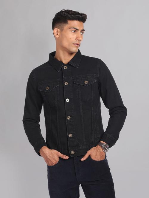 men black cotton solid denim jacket - 20609196 - Very Small Image - 1