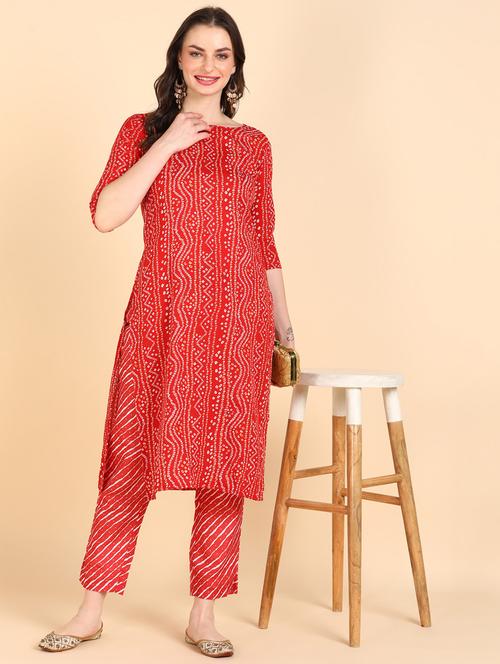 red three quarter sleeve kurta pant set - 20609779 - Very Small Image - 1