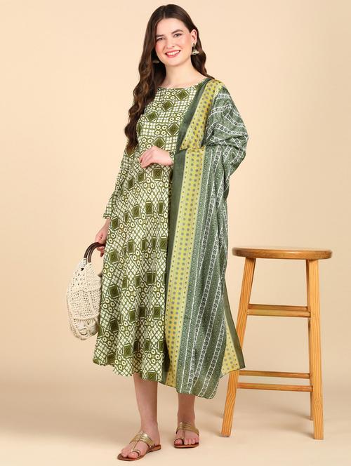 women green round neck kurta dupatta set - 20609816 - Very Small Image - 1