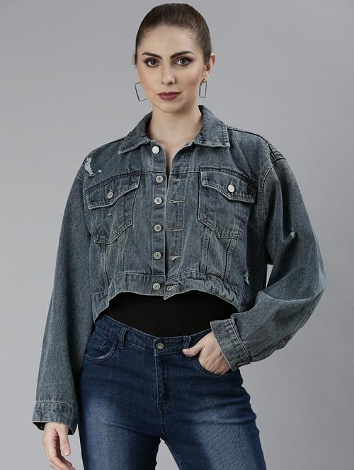 women blue solid denim jacket - 20610387 - Very Small Image - 1