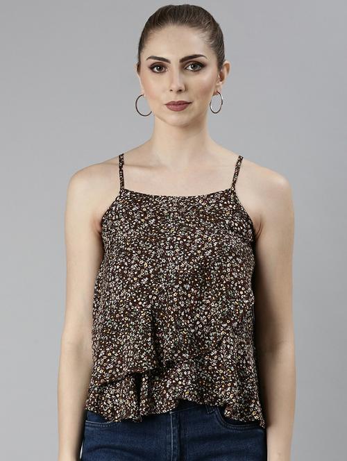 brown floral printed front layered detail casual top - 20610684 - Very Small Image - 1