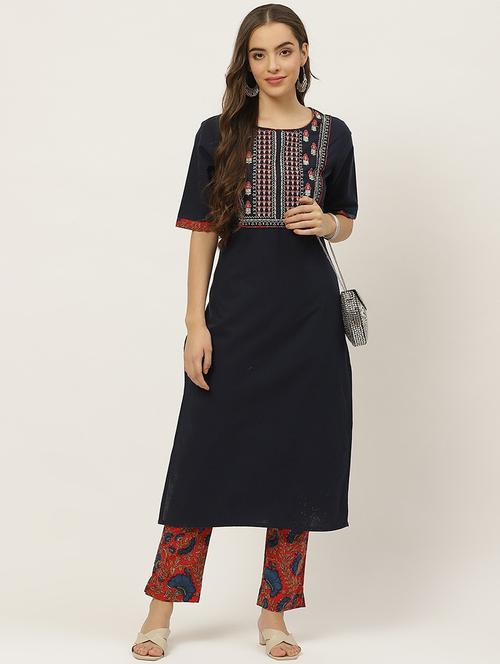 navy blue solid with work straight kurta - 20610764 - Very Small Image - 1
