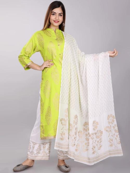 women green mandarin neck kurta palazzo set with dupatta - 20612451 - Very Small Image - 1