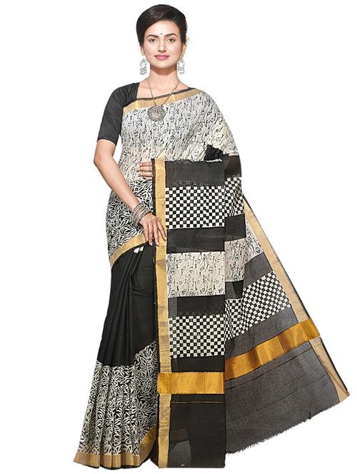 women white & black handloom saree with blouse - 20614017 - Very Small Image - 1