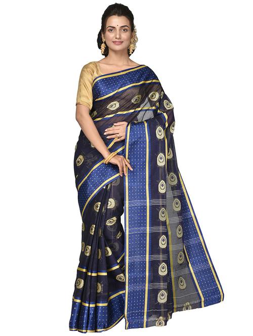 navy blue self design handloom saree with blouse - 20614032 - Very Small Image - 1