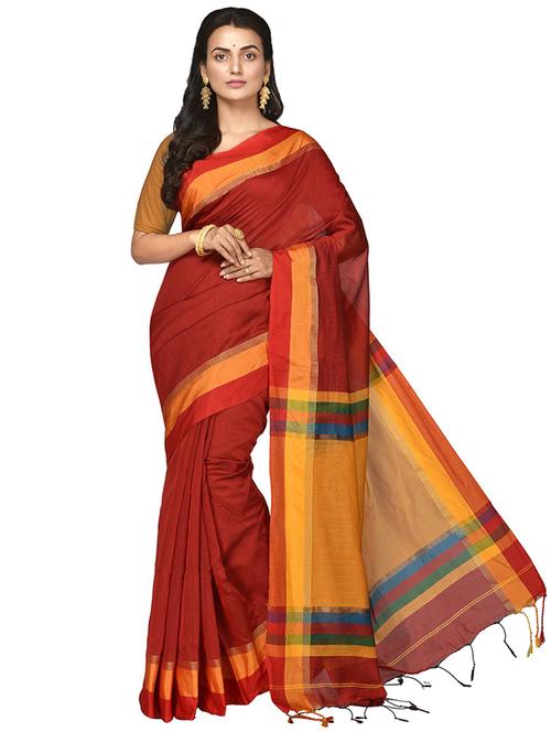 women brown solid bordered saree with blouse - 20614041 - Very Small Image - 1