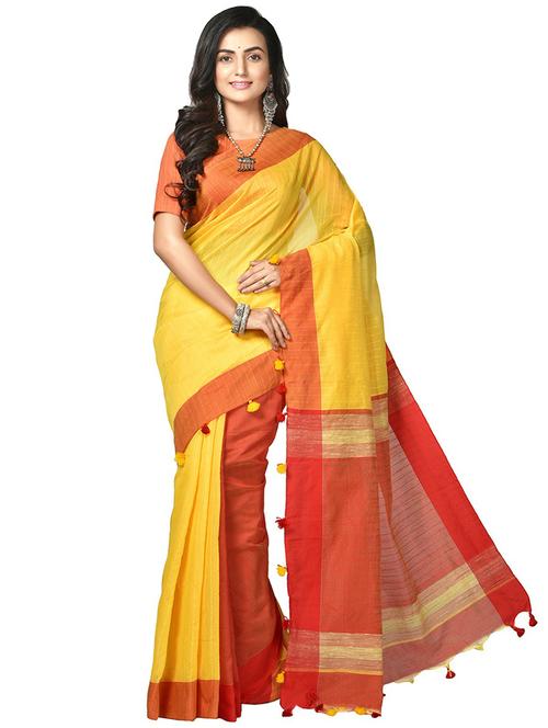 women yellow & orange self design handloom saree with blouse - 20614049 - Very Small Image - 1