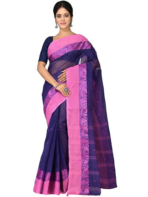 women navy blue self design handloom saree with blouse - 20614115 - Very Small Image - 1