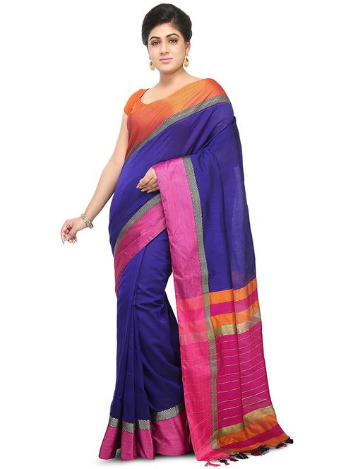 women blue & pink solid maheshwari saree with blouse - 20614261 - Very Small Image - 1