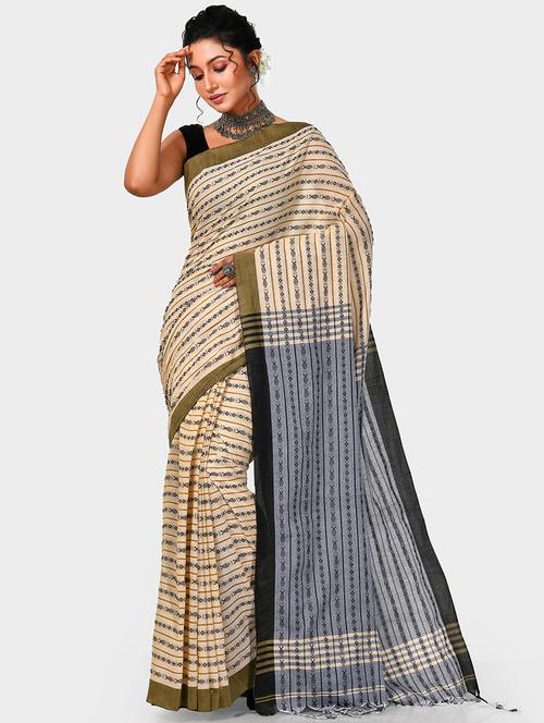 beige self design handloom saree with blouse - 20614320 - Very Small Image - 1