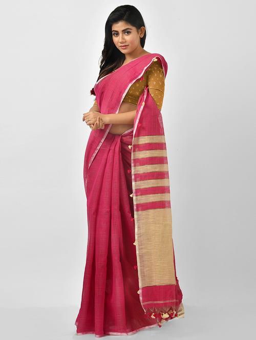 women pink solid handloom saree with blouse - 20614381 - Very Small Image - 1