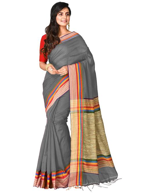 women grey solid handloom saree with blouse - 20614405 - Very Small Image - 1