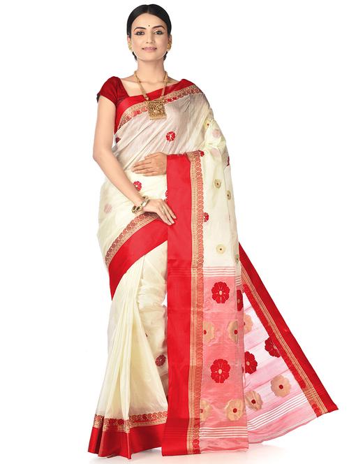 women off-white self design tussar silk saree with blouse - 20614437 - Very Small Image - 1