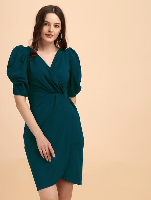 women solid blue wrap detailed dress - 20614634 - Very Small Image - 1