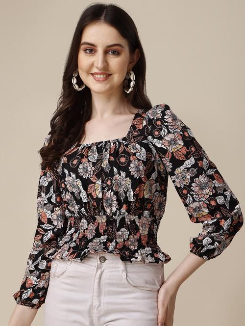 women floral printed smocked detailed crop top - 20614754 - Very Small Image - 1