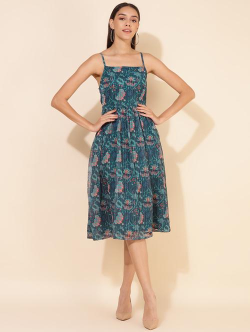 women blue floral printed fit & flare dress - 20614943 - Very Small Image - 1