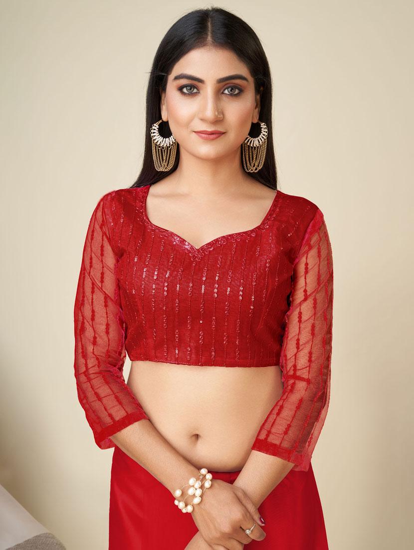 women red sequin work embroidered net saree with blouse - 20615759 - Zoom Image - 3
