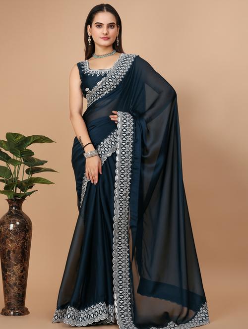 women solid with bordered saree with blouse - 20615776 - Very Small Image - 1