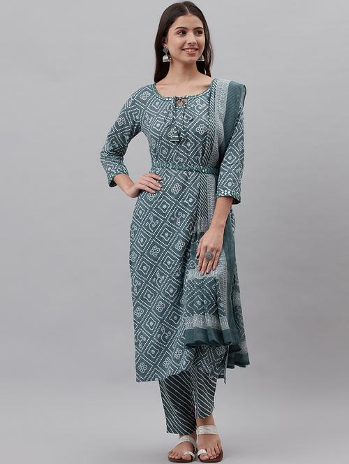 women teal tie up neck kurta pant set with dupatta - 20615809 - Very Small Image - 1