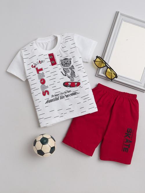 white & maroon graphic printed t-shirt & shorts set - 20625724 - Very Small Image - 1