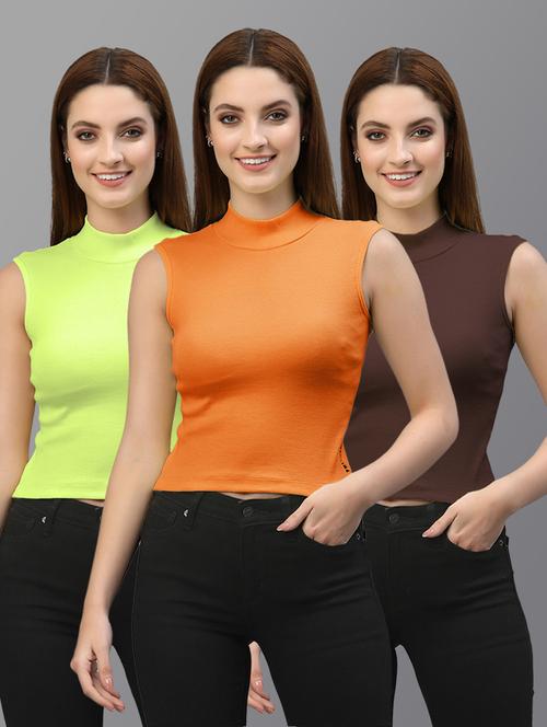 pack of 3 solid multi colored crop top - 20643967 - Very Small Image - 1