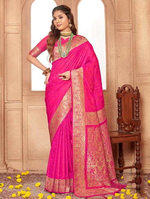 pink self design banarasi saree with blouse - 20644103 - Very Small Image - 1
