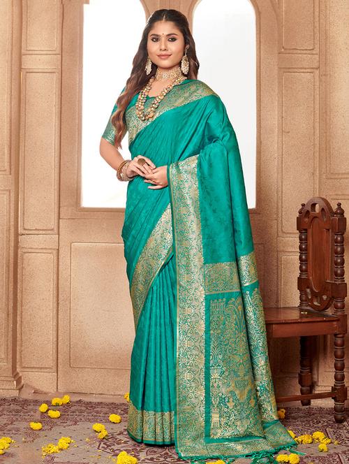 turquoise self design banarasi saree with blouse - 20644104 - Very Small Image - 1