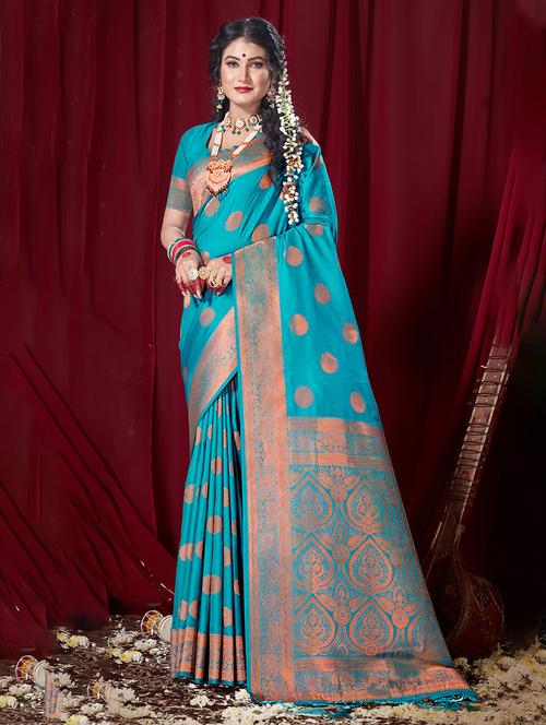 turquoise self design banarasi saree - 20644145 - Very Small Image - 1