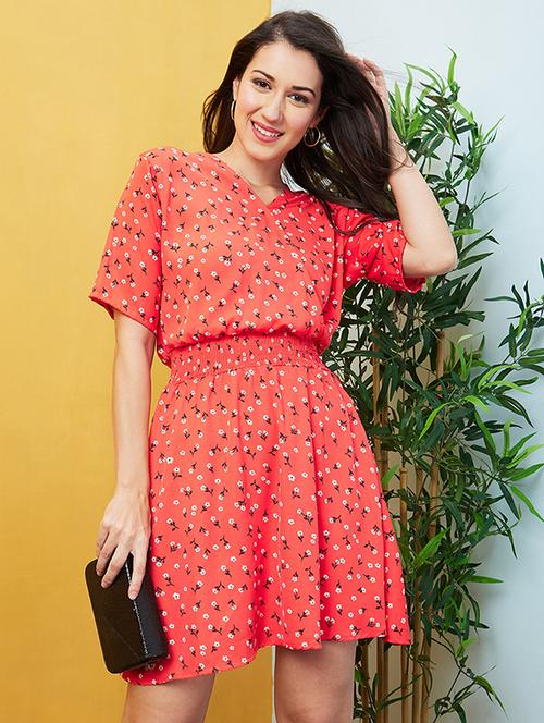 red floral printed fit & flare dress - 20646093 - Very Small Image - 1