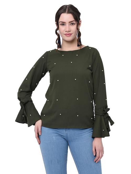women olive bell sleeve embellished top - 20646369 - Very Small Image - 1