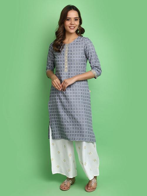 women grey round neck straight kurta - 20676510 - Very Small Image - 1