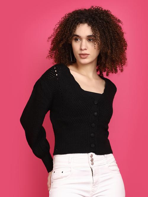 women black self design cardigans - 20676778 - Very Small Image - 1