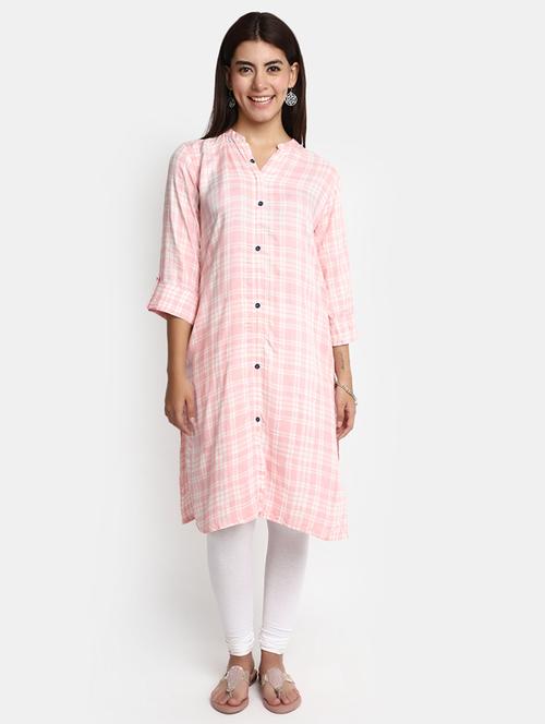 women pink checks mandarin neck side slit kurta - 20681411 - Very Small Image - 1