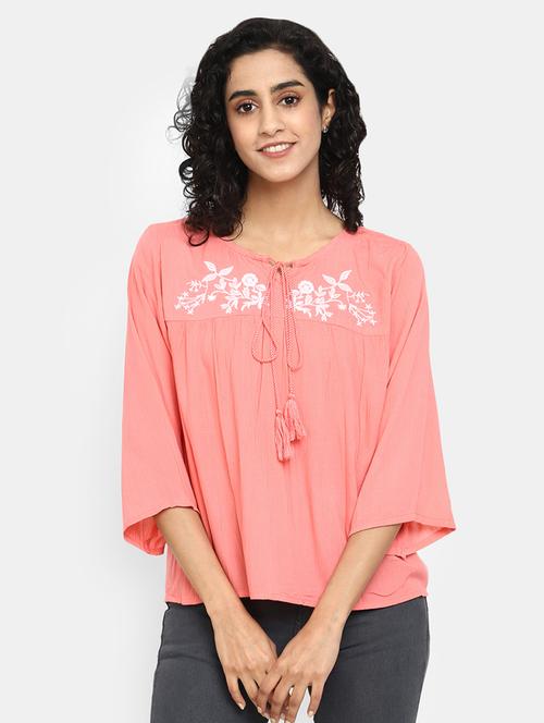 women coral embroidered tie-up neck top - 20681723 - Very Small Image - 1