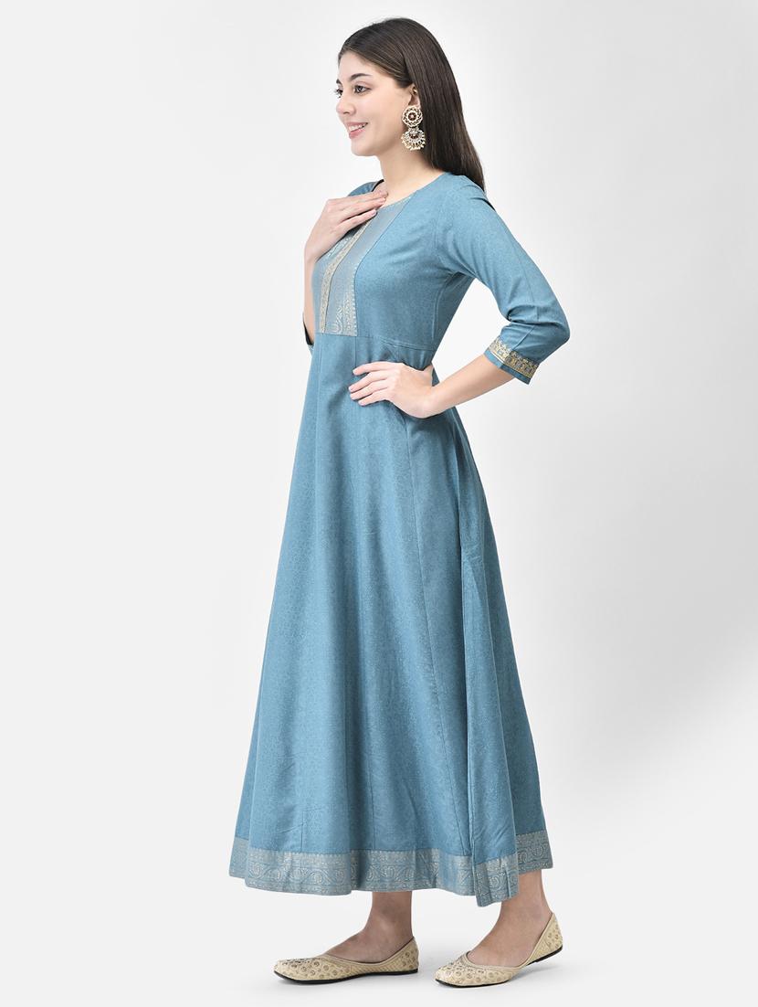 blue three quarter sleeve flared kurta - 20683374 - Zoom Image - 2
